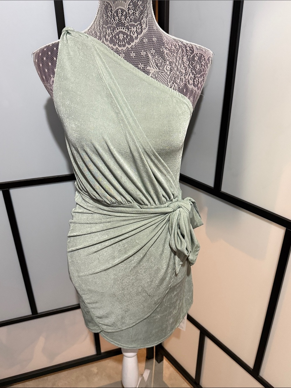Cupshe Sage Green One-Shoulder Draped Tie-Waist Mini Dress